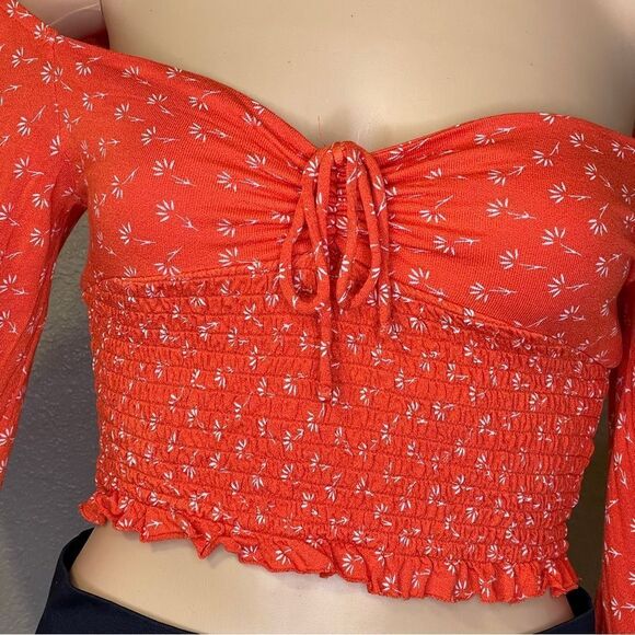 Urban Outfitters Off Shoulder Long Sleeve Crop Top Orange White Floral Medium - Picture 3 of 13